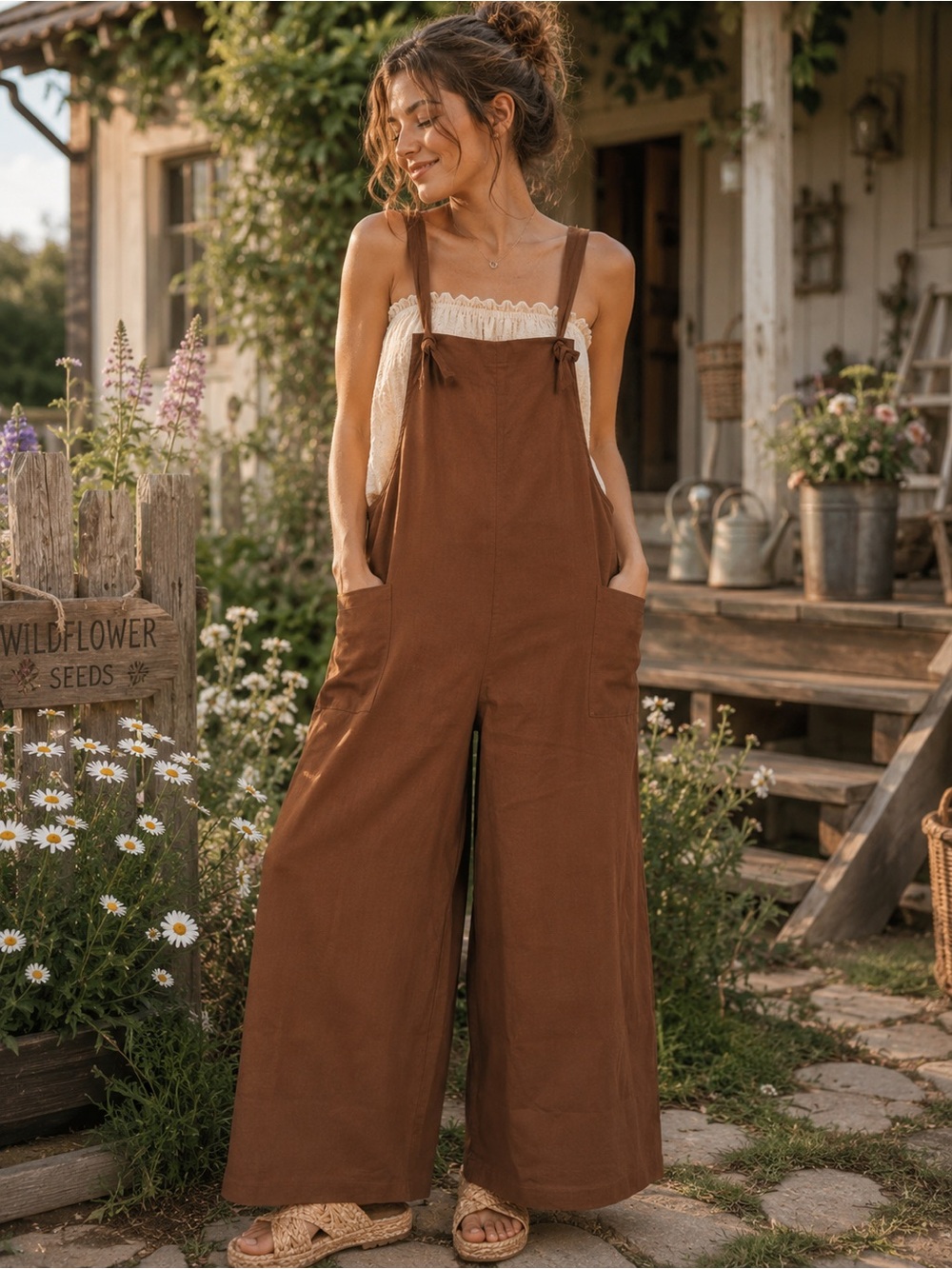Zenana Brown Wide-Leg Overalls Jumpsuit